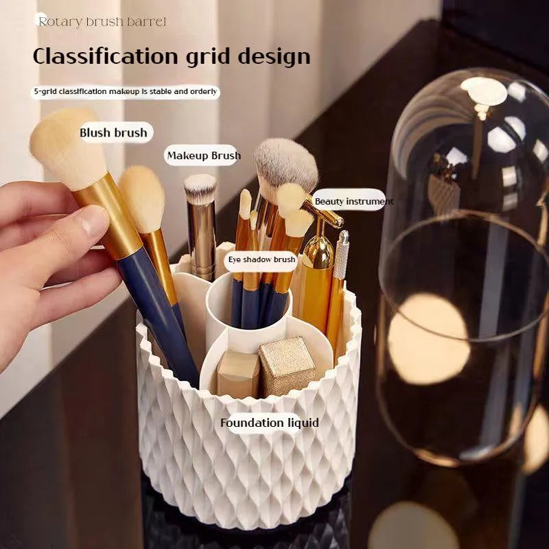 White rotating acrylic makeup brush storage holder with transparent design and dust cover
