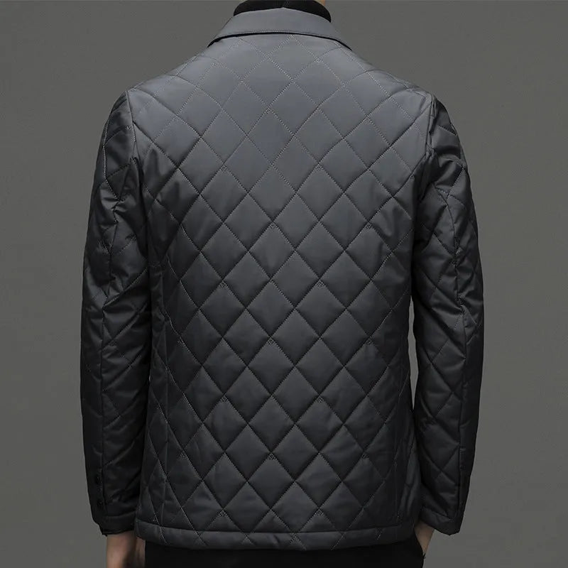 Men's black winter down jacket with lapel collar and side seam pockets