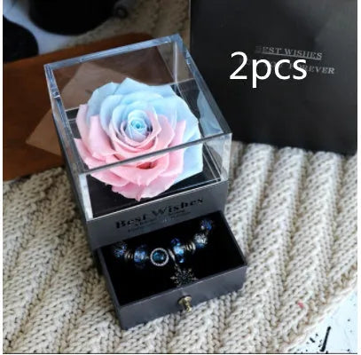 Preserved eternal rose and carnation gift box in glass display case for jewellery storage