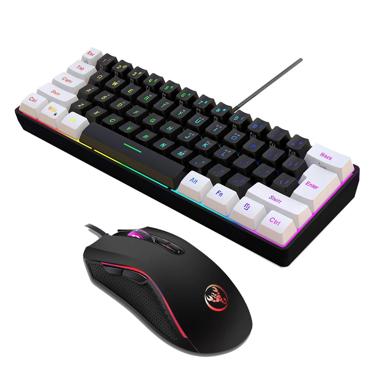 White and black wireless gaming keyboard and mouse combo with colour backlight illumination