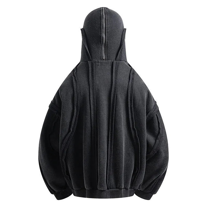 Black loose fit retro men's coat with a zip front, hood, and abstract pattern.