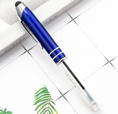 Red metal multifunctional stylus ballpoint pen with LED light and capacitive tip.