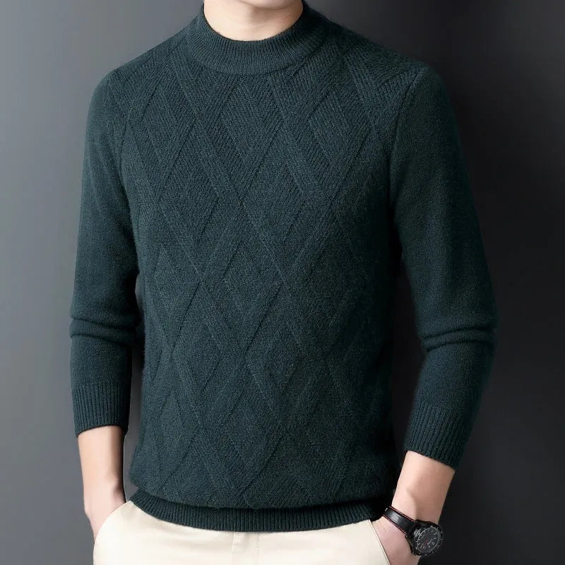 Men's diamond jacquard winter thermal sweater in wool blend fabric shown in light camel colour