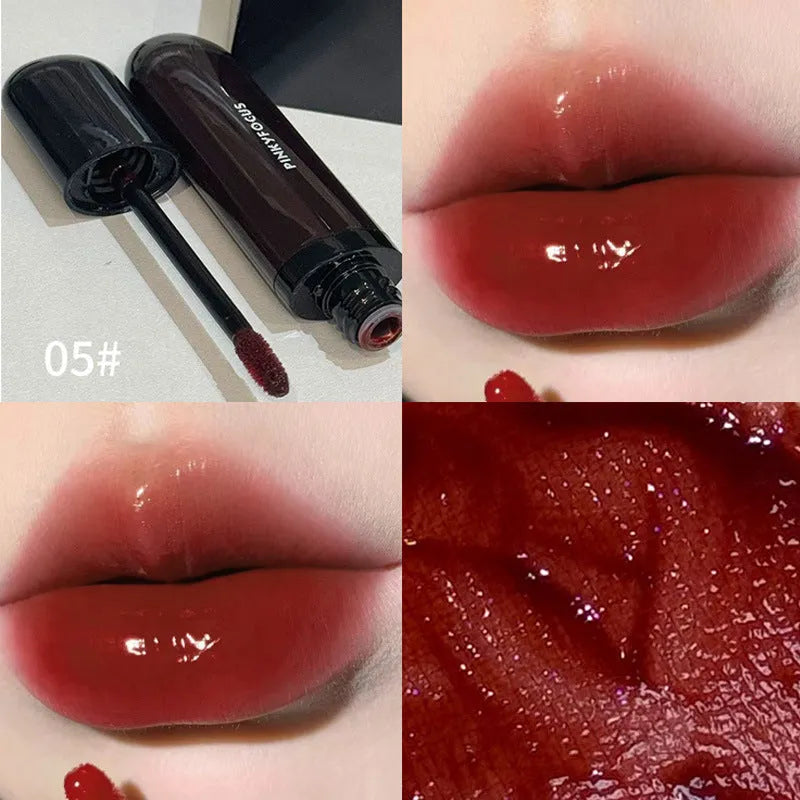 Black shiny Mirror Lip Lacquer tube with six swatches showing matte shades from tomato to sweet potato.