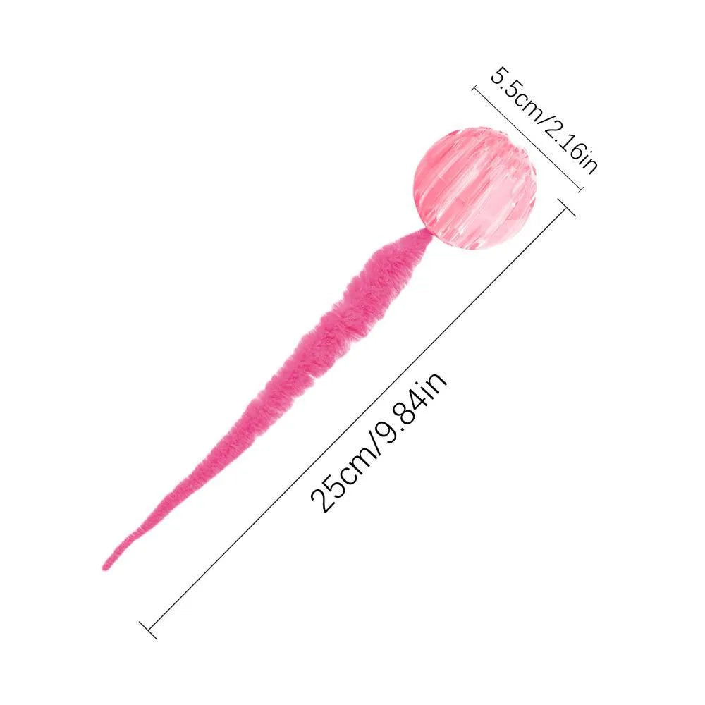 Interactive bouncy ball cat toy with soft plush worm tail in green, pink, or purple colours