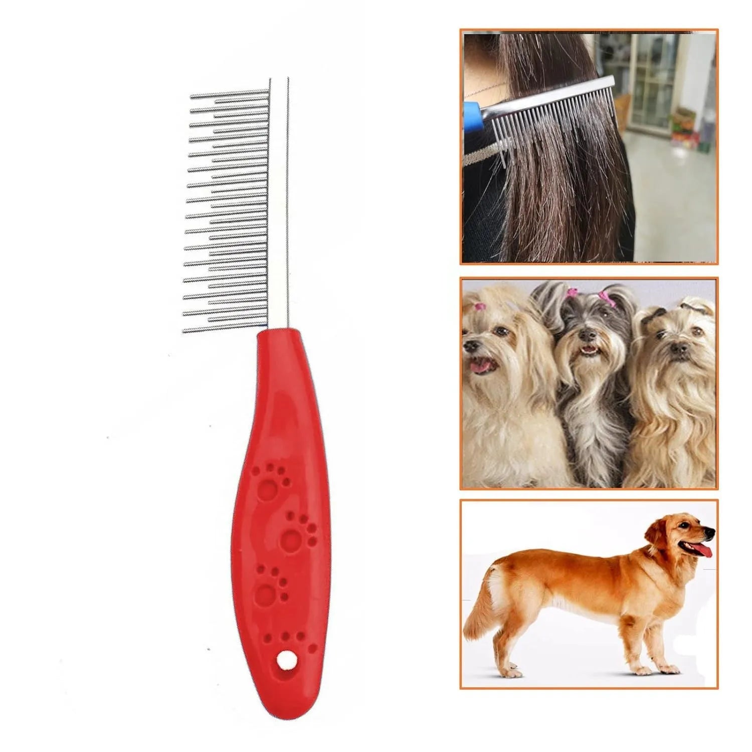 Red pet grooming comb with stainless steel short and long teeth for removing tangles and mats
