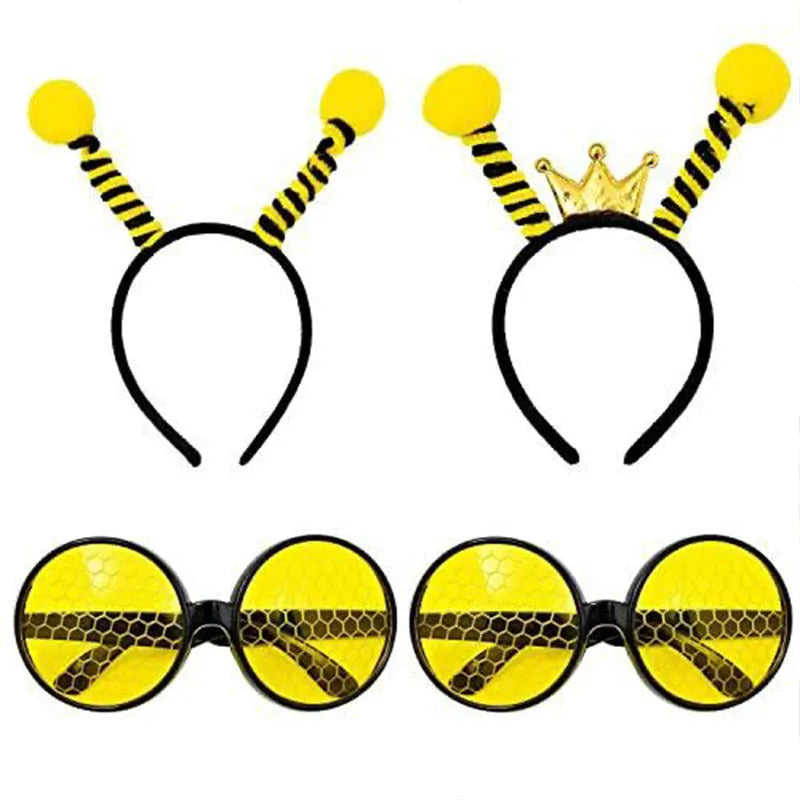 Yellow bees party costume headband and glasses set with cloth bee and ladybug appliqués.
