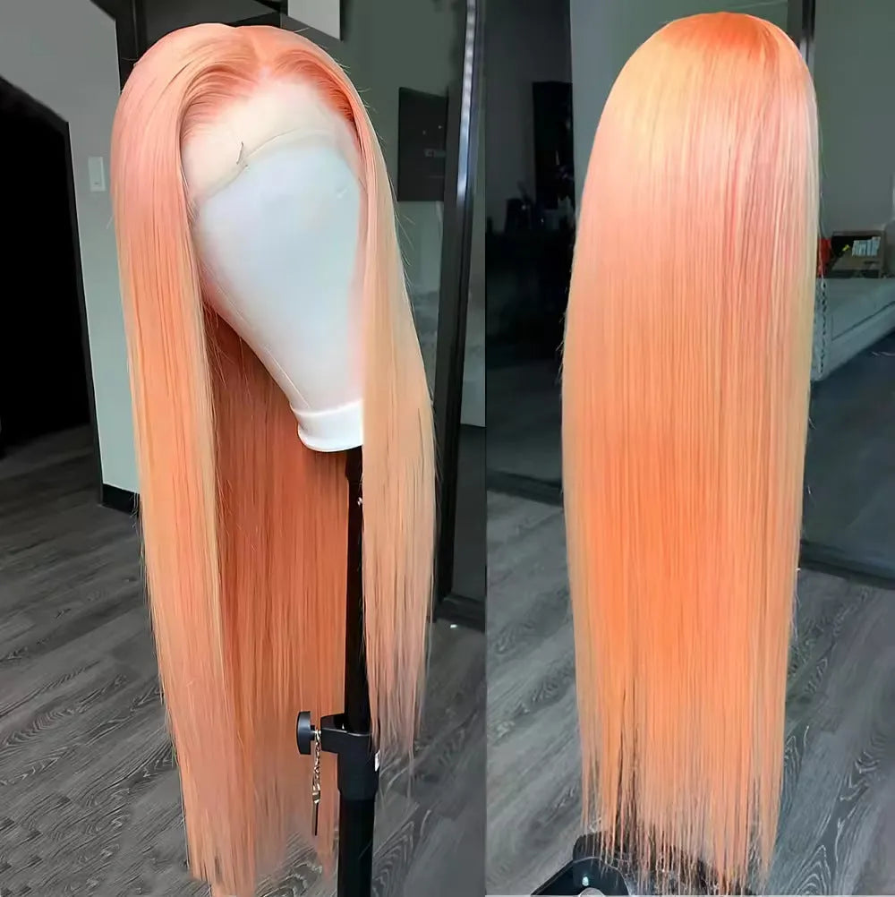 Light orange long straight synthetic wig with front lace and side bangs on a model.