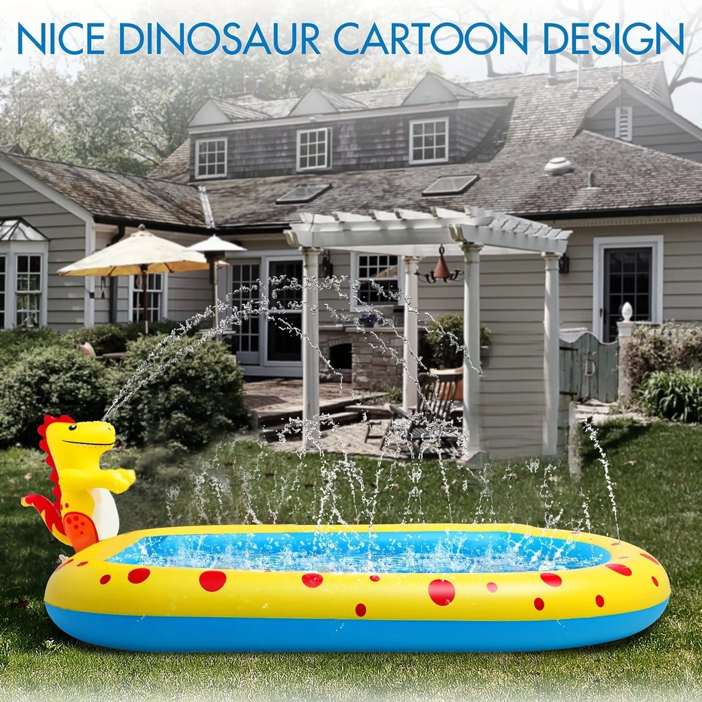 Blue dinosaur-shaped inflatable water spray pool for kids outdoor play