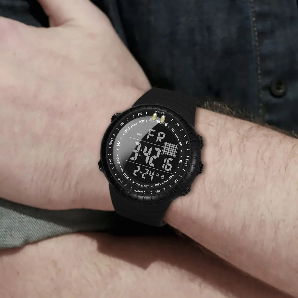 Men's black waterproof outdoor electronic watch with 50 metre water resistance and PU strap