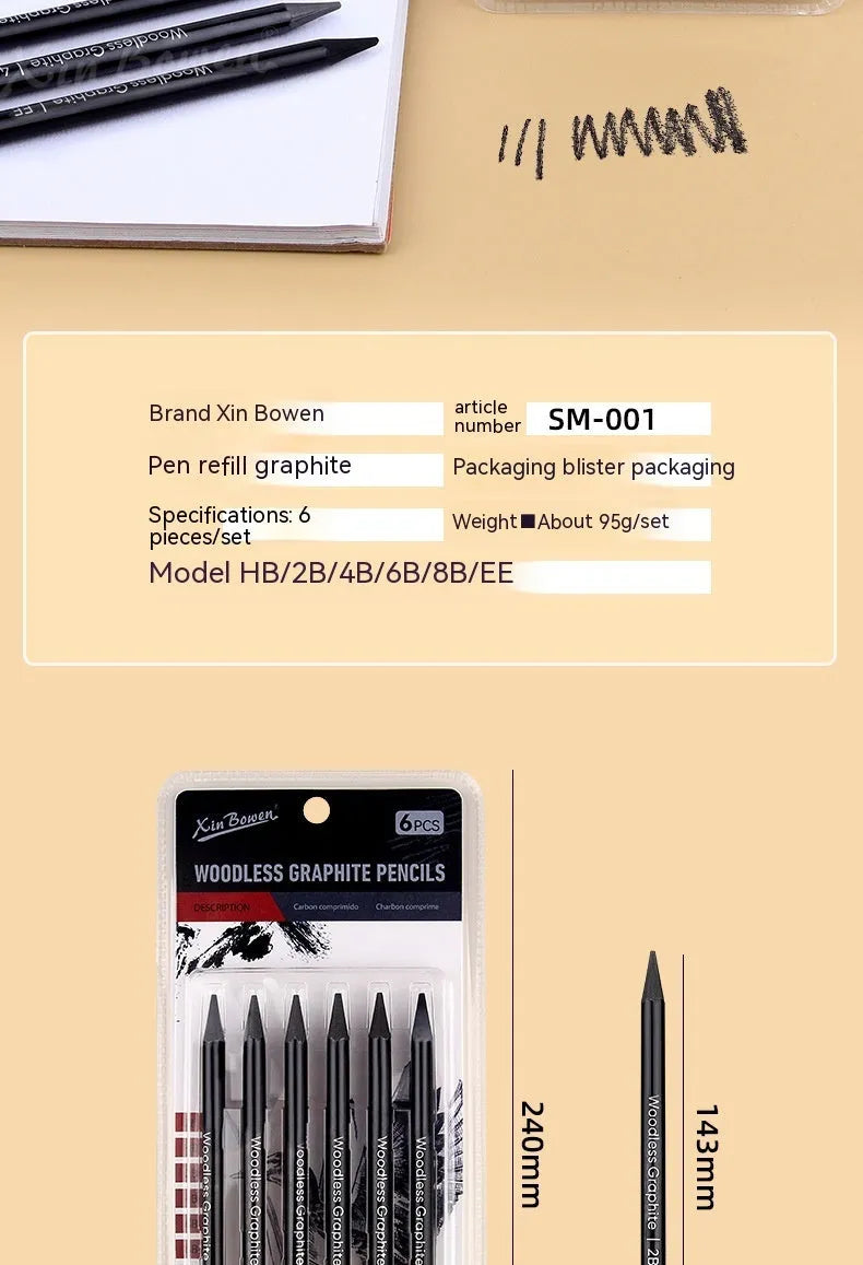 Wood-free graphite sketching pencil set with six different grades HB 2B 4B 6B 8B EE