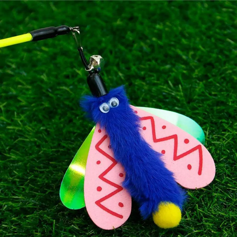 49cm cat wand toy with dragonfly bell attachment in colourful feathers for indoor cat play