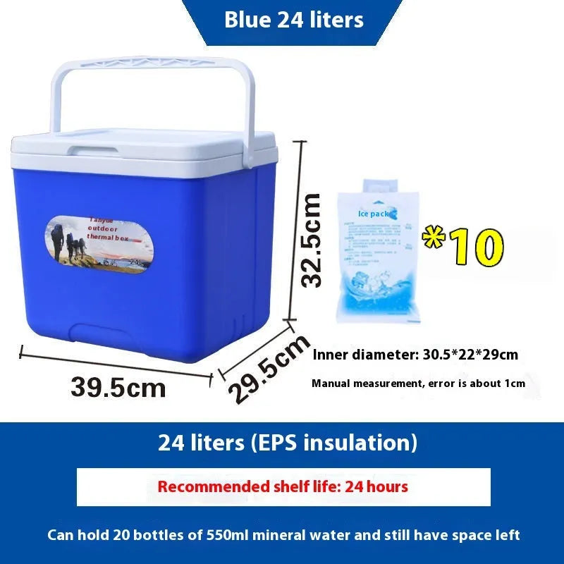 Blue portable insulated cooler box with aluminium foil lining, showing various capacity size options.