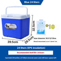 Blue portable insulated cooler box with aluminium foil lining, showing various capacity size options.