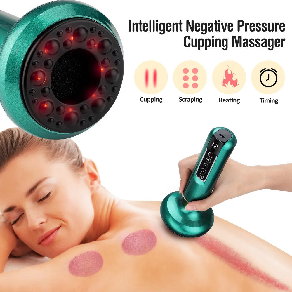Green electric vacuum cupping and gua sha massager device with USB cable.