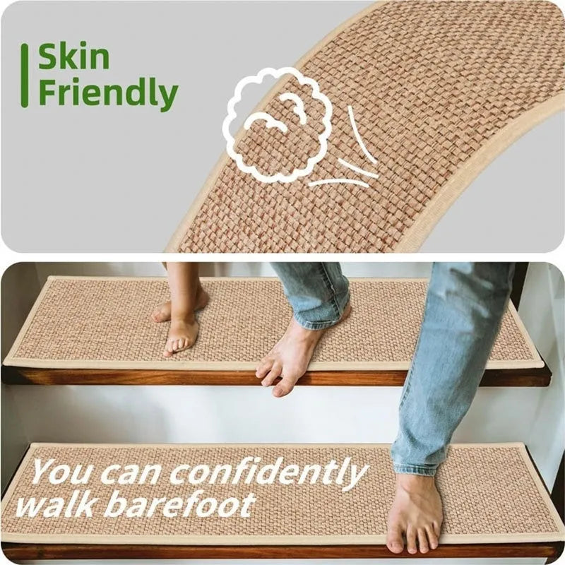 Japanese-style solid colour stair mat in camel on a wooden step, showing its 20 cm by 76 cm size.