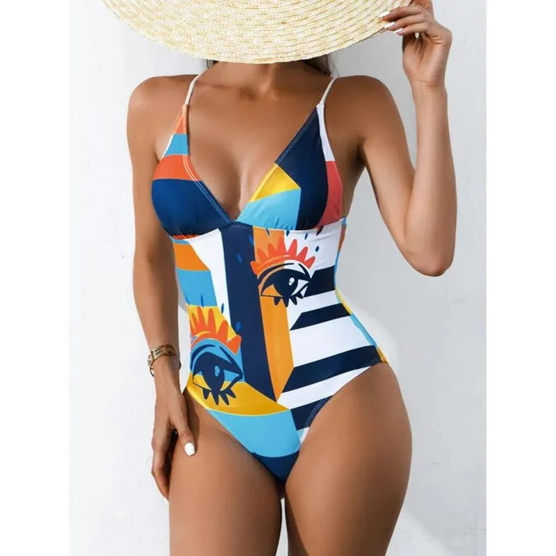 Women's plus size printed bikini swimsuit in solid colour with backless design and high elasticity construction