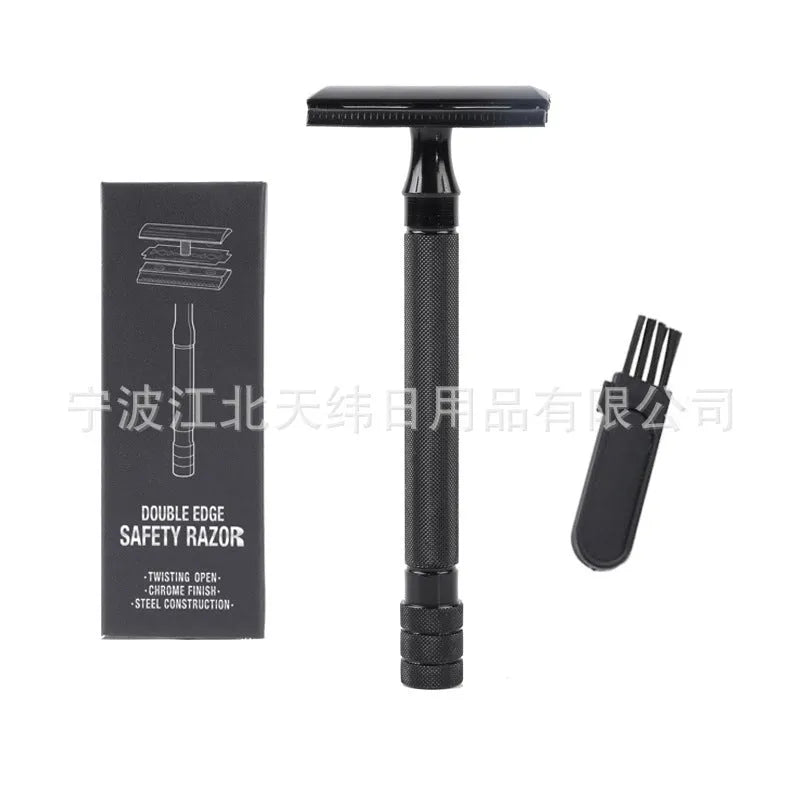 Traditional manual metal shaving scraper and brush set in black or silver finish.