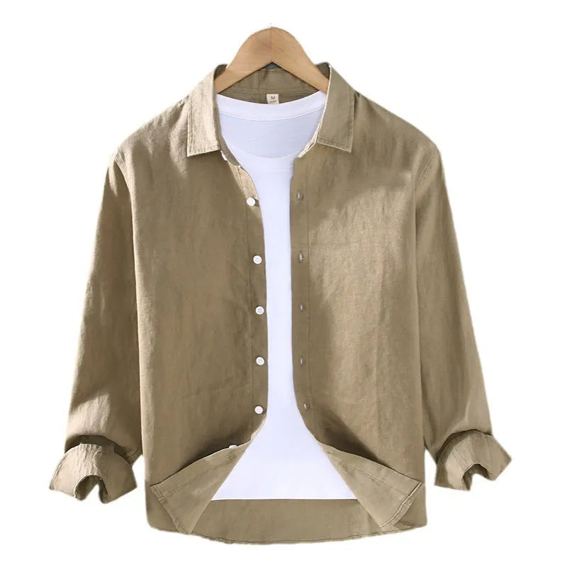Men's pure linen cardigan-style shirt in solid colours showing long sleeves and simple design