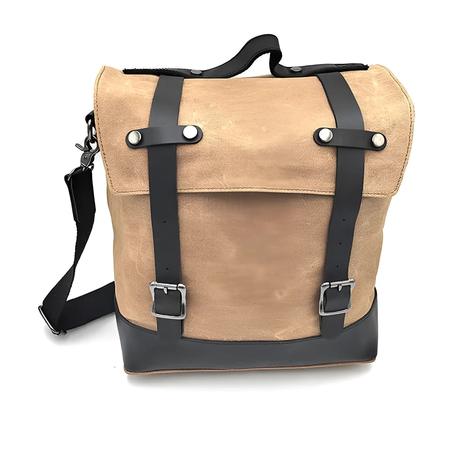 Black waterproof canvas motorcycle side pannier bag with cowhide detailing showing mounted position on bike