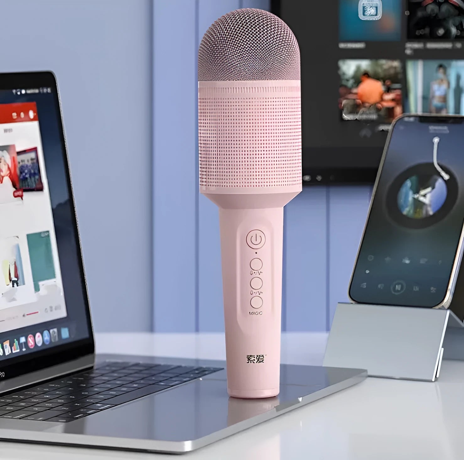 Pink, blue, and green wireless Bluetooth karaoke microphone with USB connection