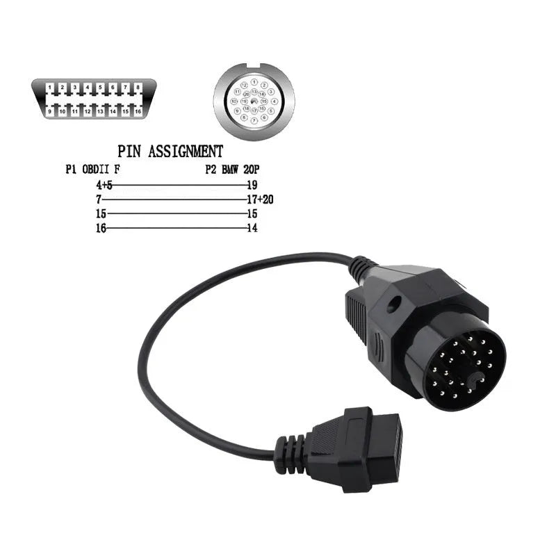 OBD2 BMW diagnostic adapter cable converting 20-pin to 16-pin connector