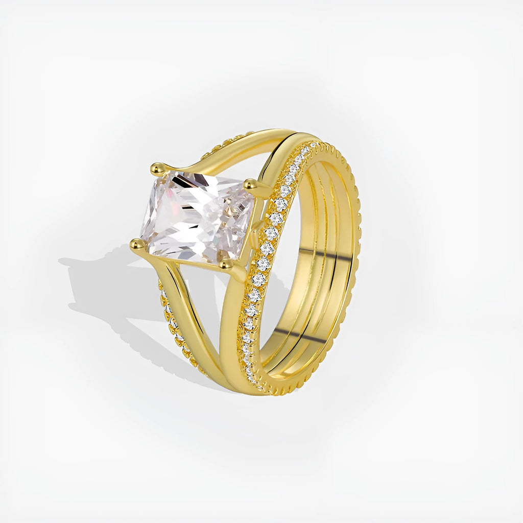 Geometric women's ring with square zircon stone on gold electroplated copper band