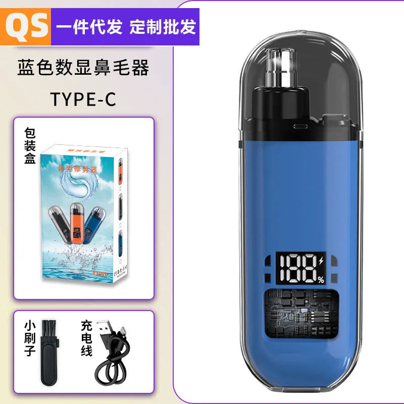 Rechargeable nose hair trimmer with removable stainless steel cutter head and digital display