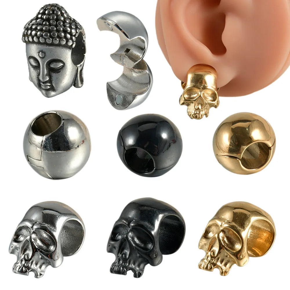 Stainless steel hollow skull Buddha earrings with geometric design in hip hop style