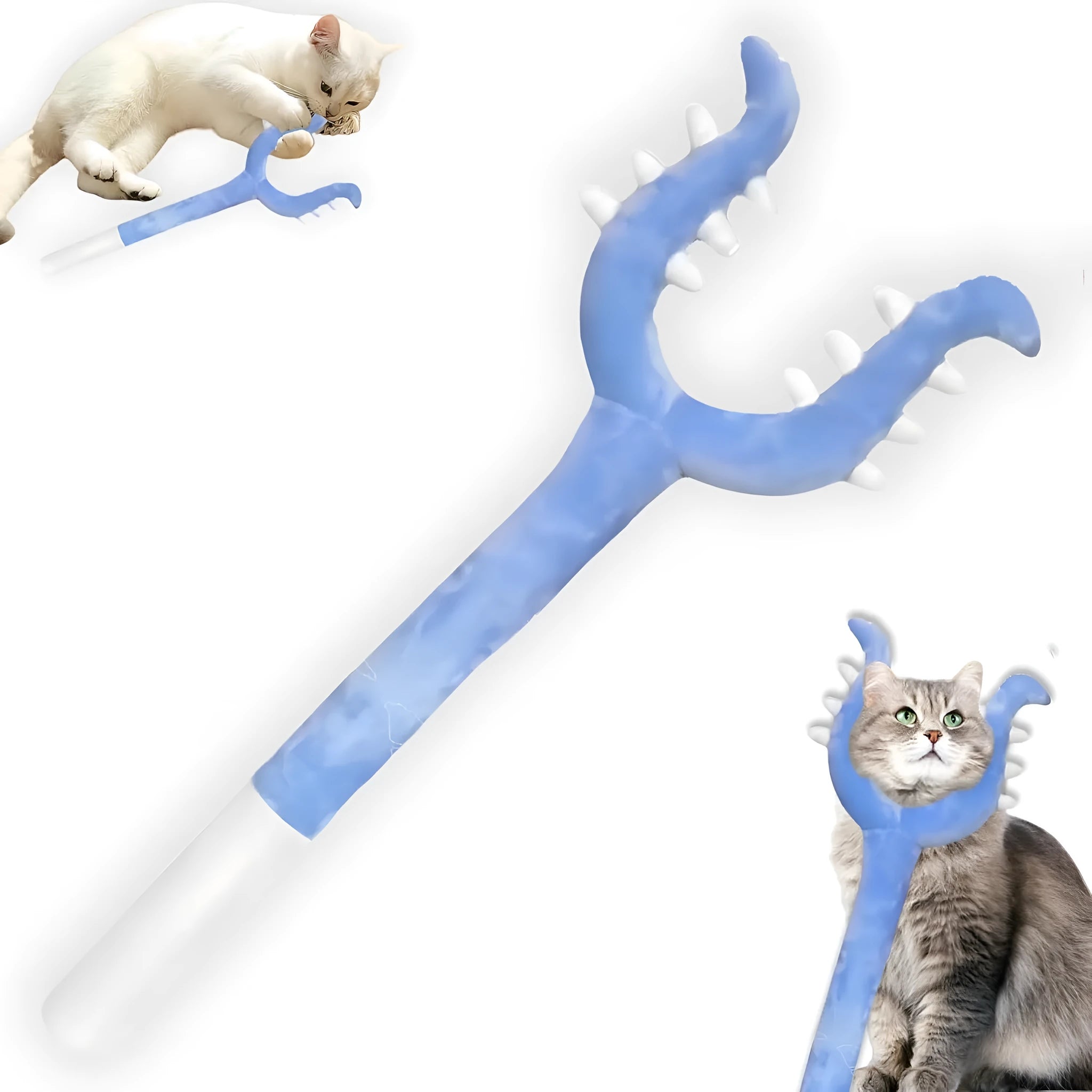 70cm blue plush cat wand toy with foam-filled head for interactive pet play