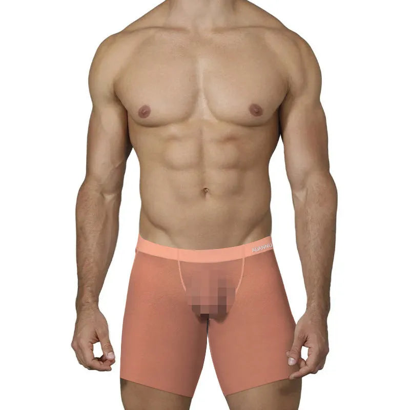 Men's ice silk boxer shorts in orange, pink and red colours with low-waist design