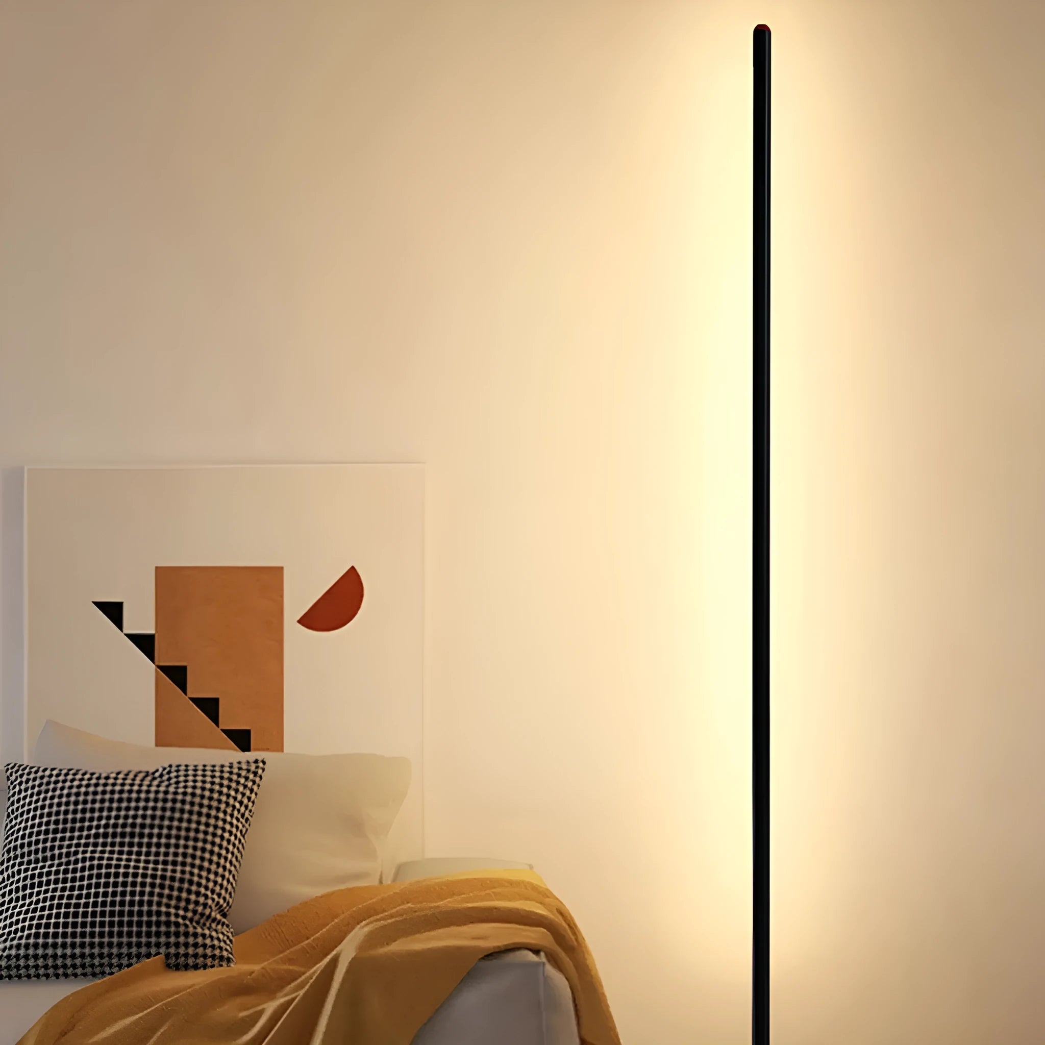 Tall, slim aluminium alloy vertical floor lamp with a LED light source on a modern stand.