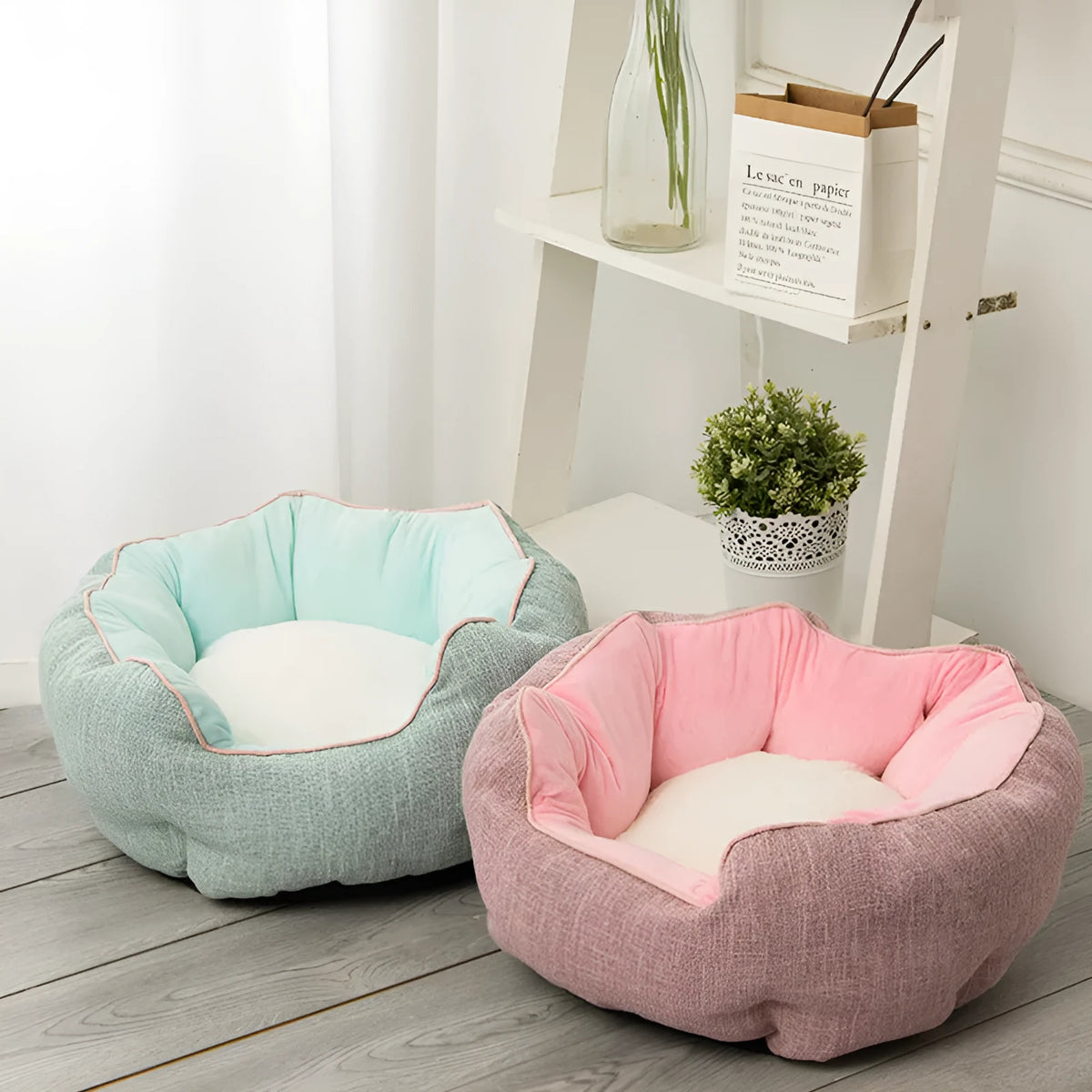 Octagonal pet kennel bed with removable mats in soft wool point design