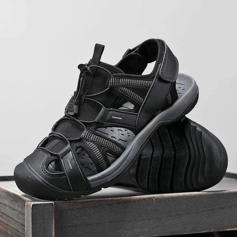 Men's blue and black summer casual shoes with mesh upper, rubber sole, and Velcro strap.
