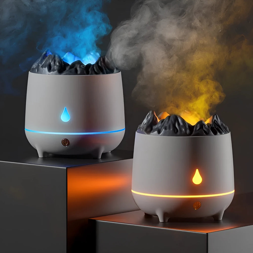 Volcano-shaped ultrasonic humidifier with circular design and USB cable