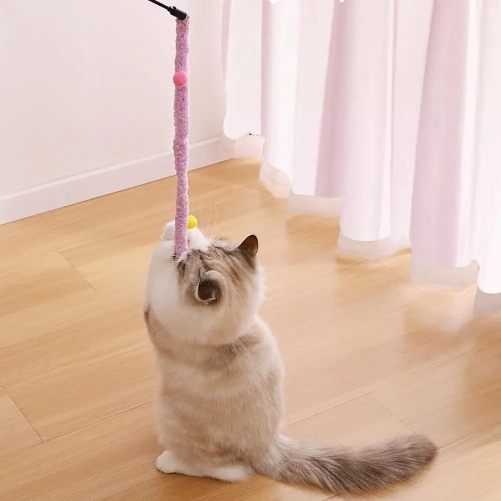 Interactive cat wand toy with colourful plush strip and bell for indoor feline play