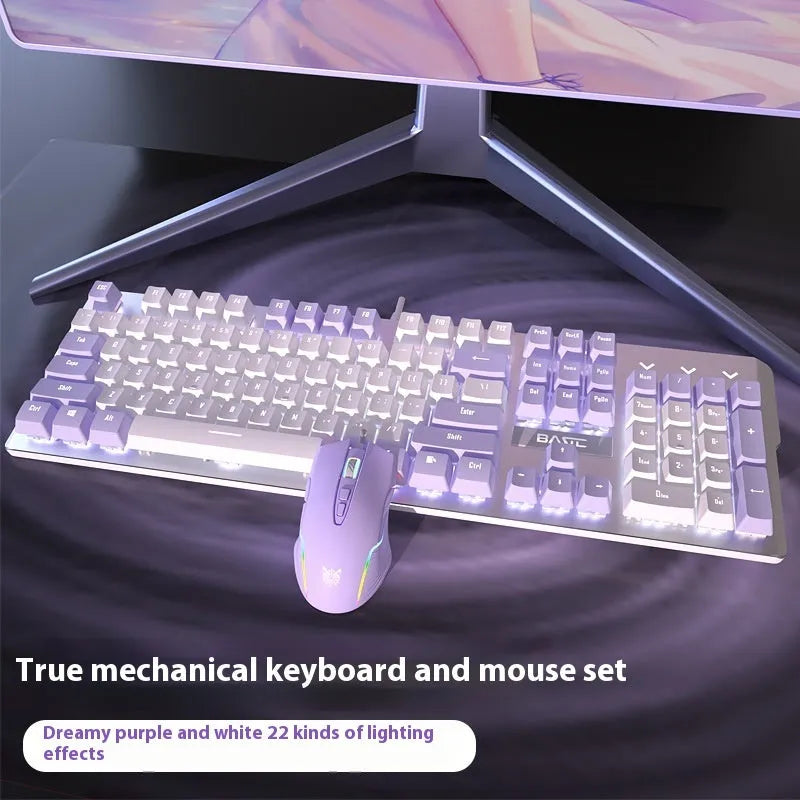 Purple and white mechanical keyboard and mouse wired set with backlight illumination