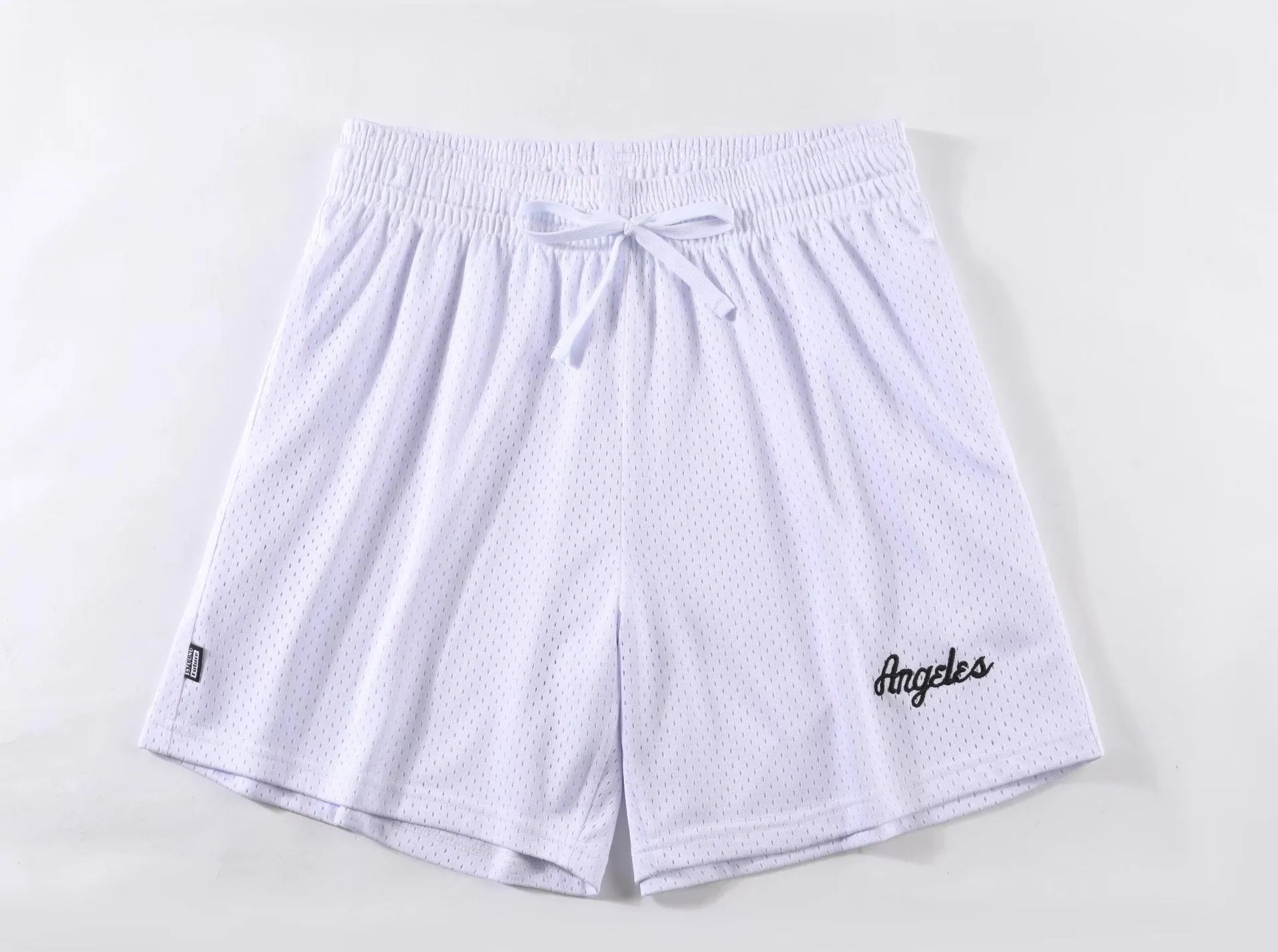Men's black double-layer mesh sport shorts on a white background
