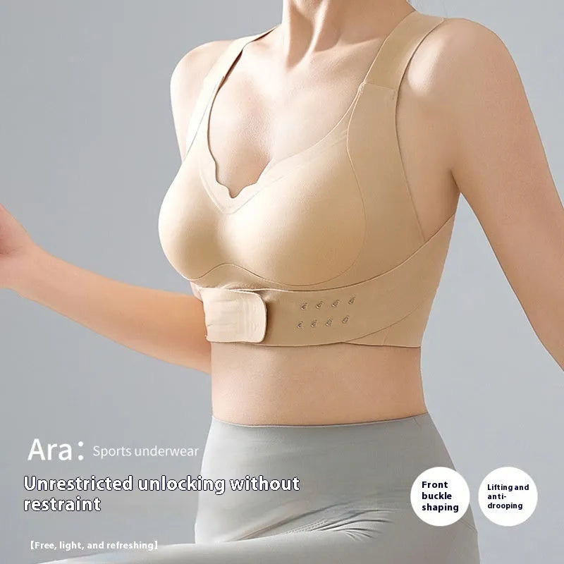 Front buckle sports bra for women in black, white, or liquid foundation colour with back shaping design