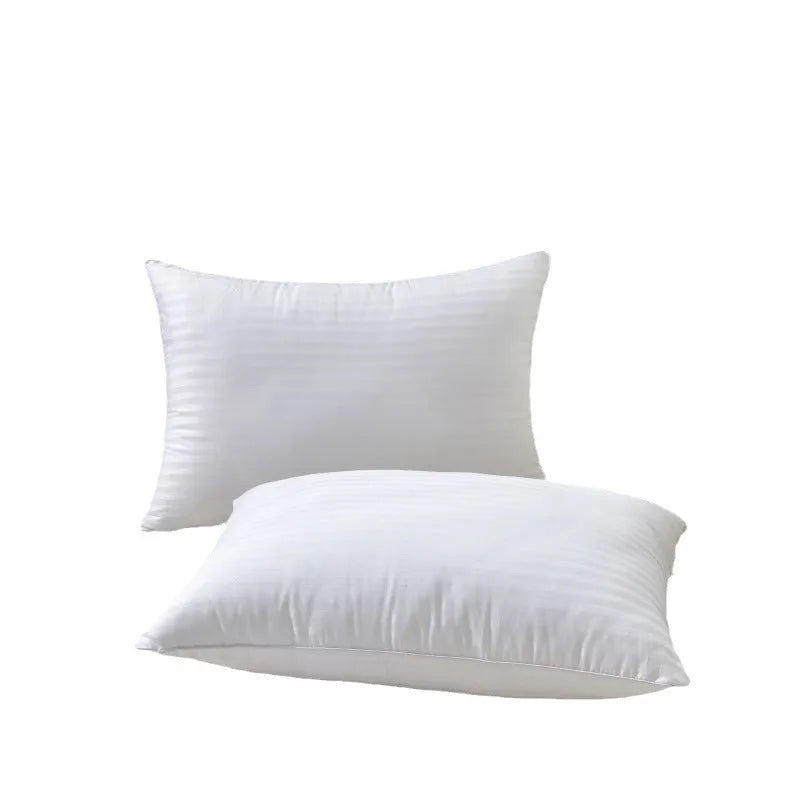 White satin stripe feather and cotton pillow core showing size options and loft variants.