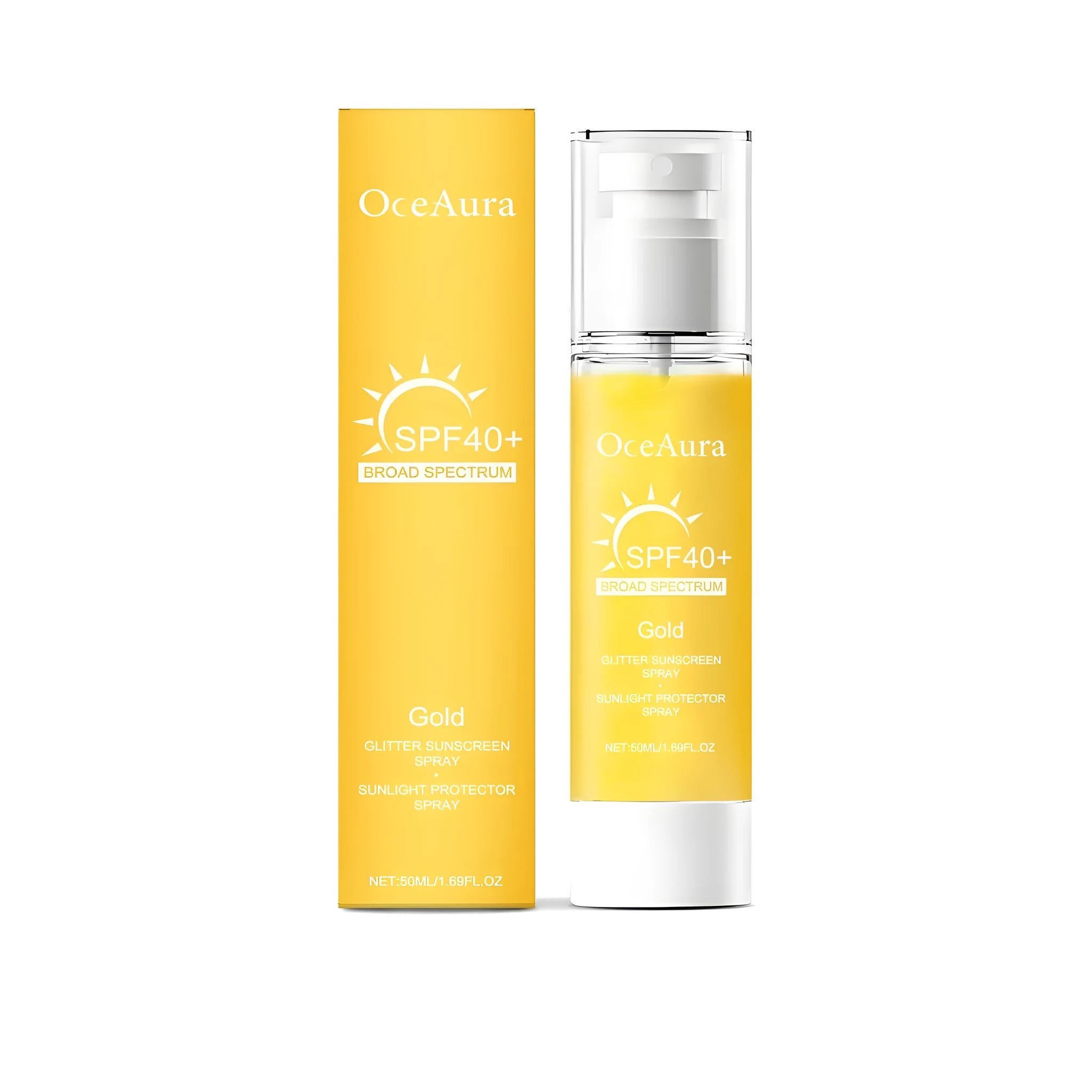 50ml sunscreen spray can with water-based formula containing titanium dioxide, natural oils, and mica particles