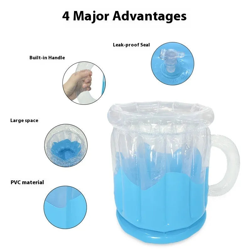 Yellow inflatable PVC ice bucket designed for beer steins, deflated for portable transport