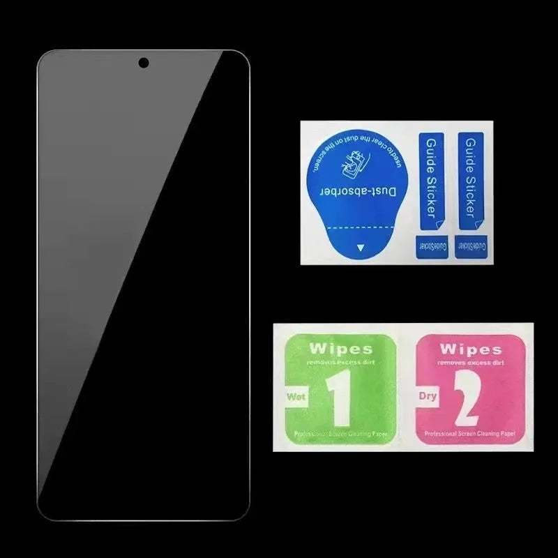 Clear plastic privacy screen protector for Poco and Redmi Note mobile phones on a white background.