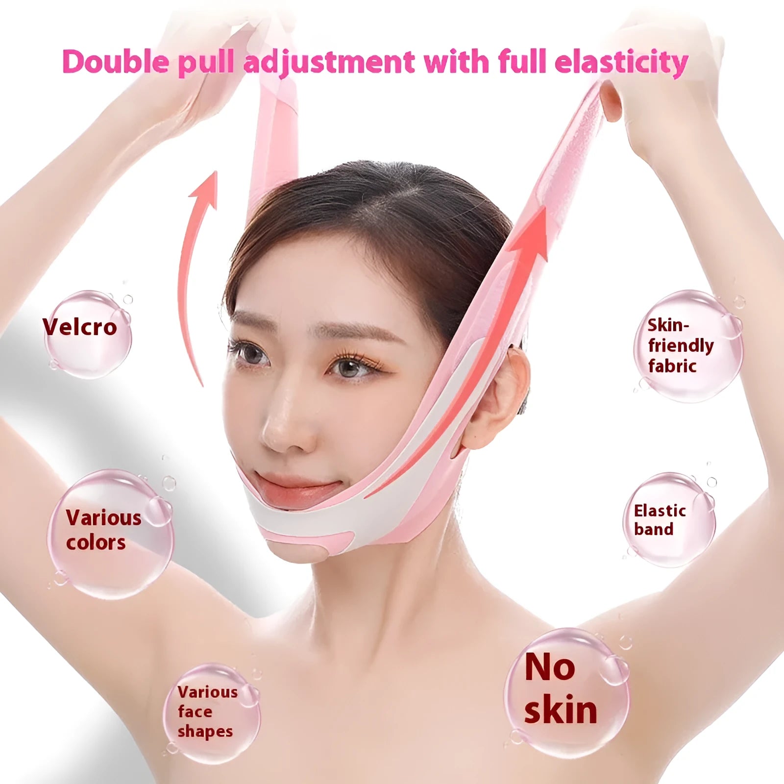Pink and black elastic V-shaped face bandage for facial care support.