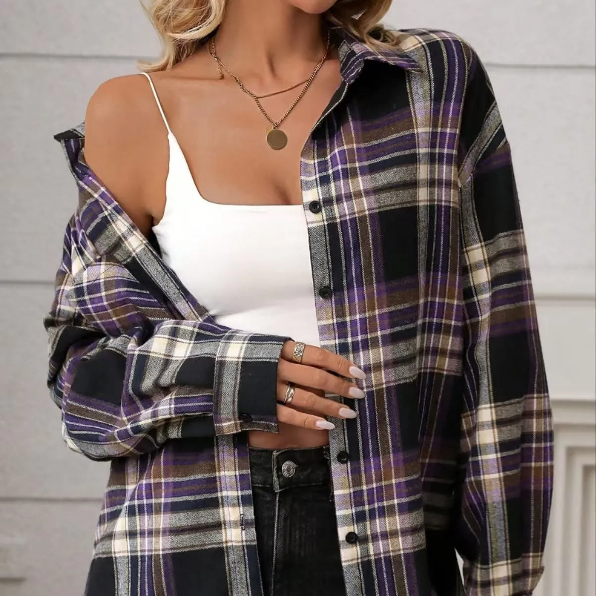 Women's loose fit plaid shirt in cotton fabric showing black, green and purple colour options