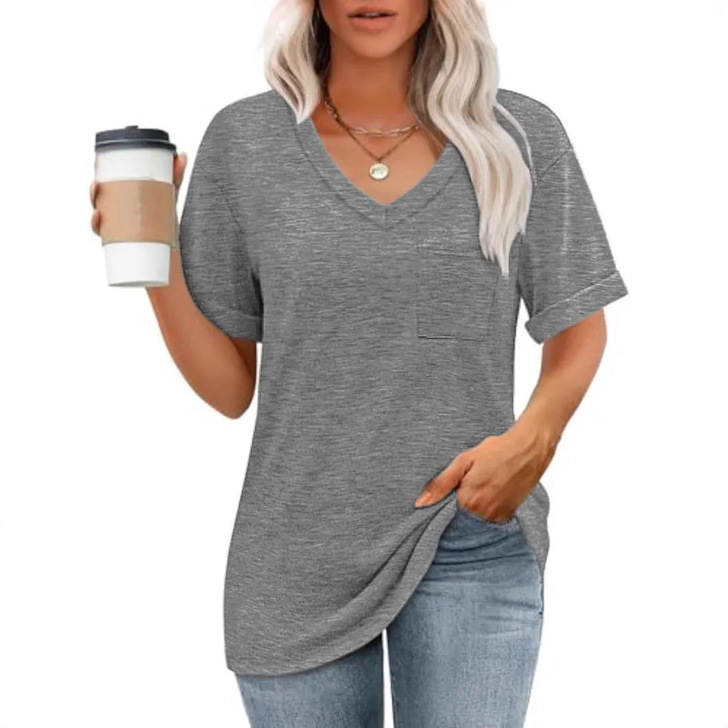 Gray loose fit V-neck t-shirt with front pocket and short sleeves