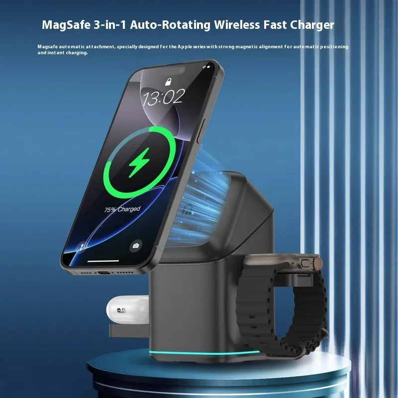 Black magnetic wireless phone charging stand showing 180-degree rotation on a desk