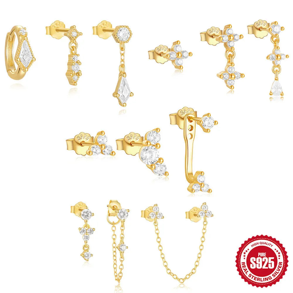 Sterling silver geometric zircon tassel earring set showing multiple gold tone options in stud format
