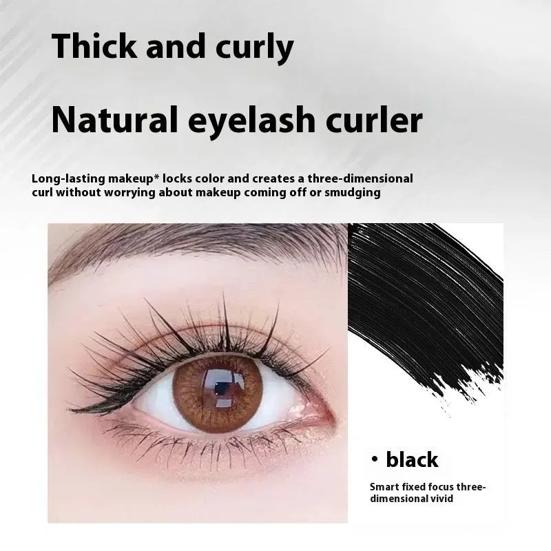 Waterproof long thick mascara in a steel tube with black and brown colour options, shown with an eyelash curler.
