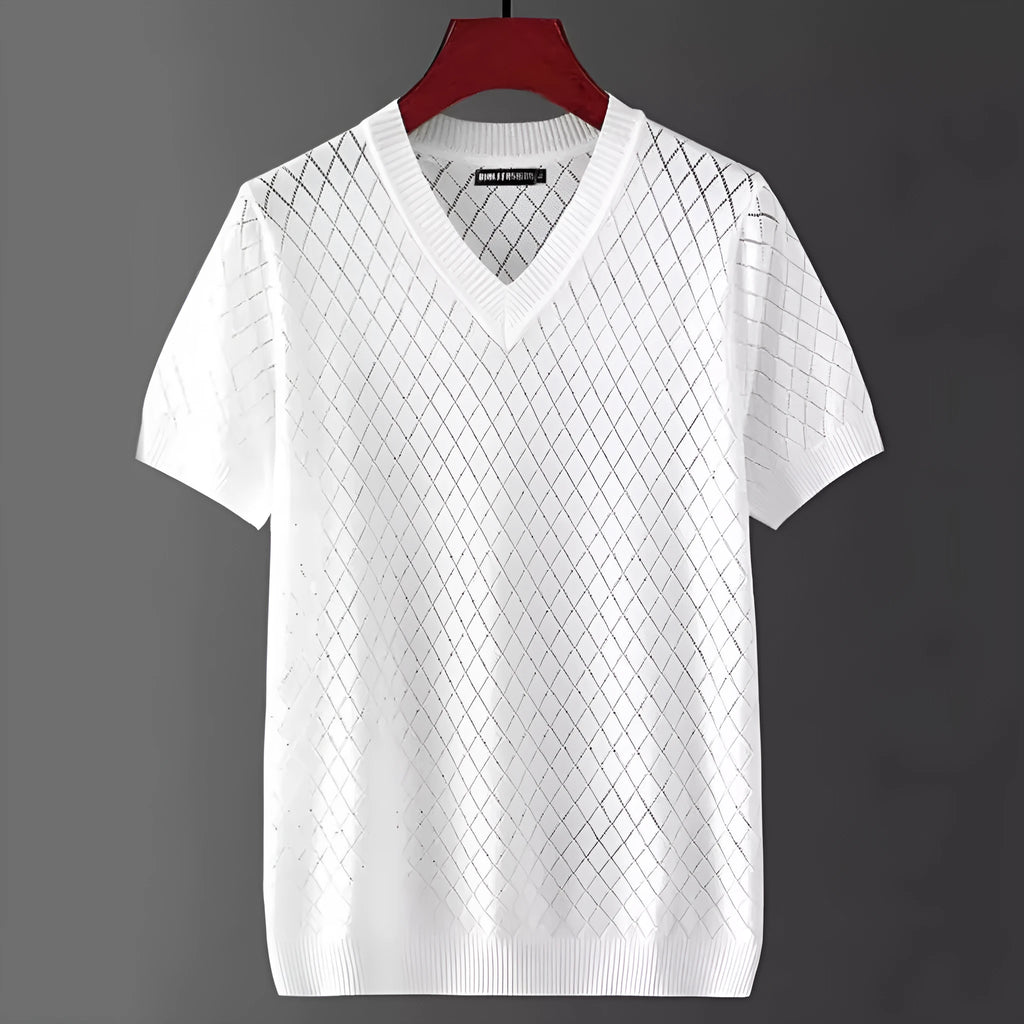 Men's plus size ice silk V-neck T-shirt with cut-out detail in black or white
